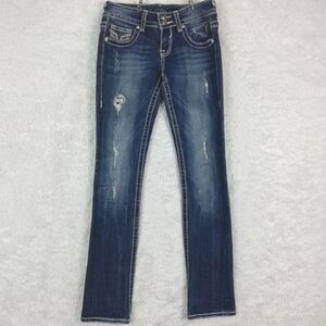 Vigoss Womens Jeans Chelsea Straight Denim Blue Destructed Whiskering Low Rise 2